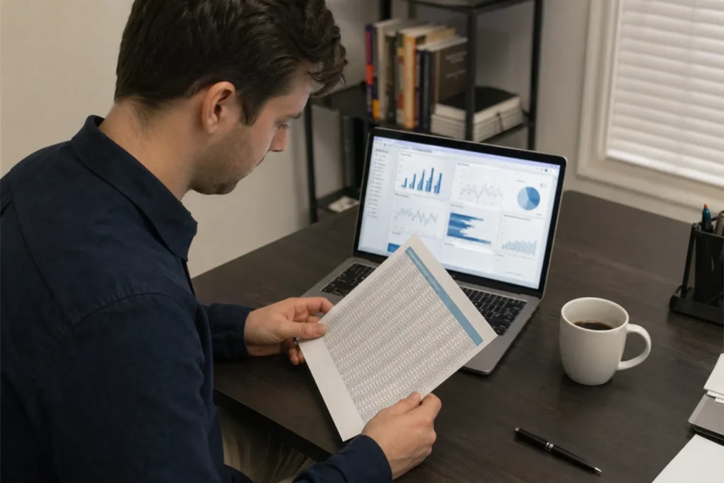 Person vid skrivbord granskar utskrivet dokument med analytiska diagram på laptopskärmen, relaterat till SEB köpstämplar L...