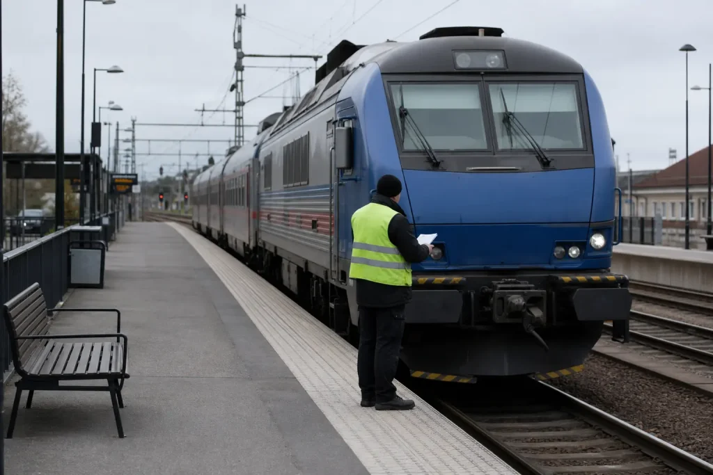 En järnvägsarbetare i reflexväst inspekterar ett regionaltåg på en svensk tågstation.