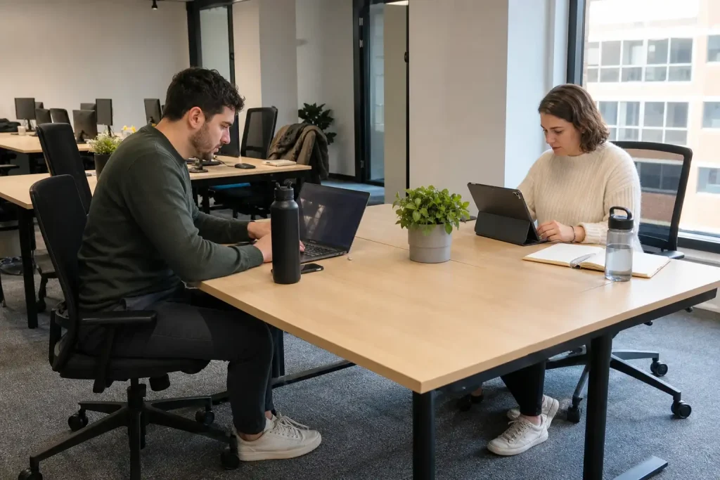 Två kollegor arbetar koncentrerat vid sina laptops på ett kontor där Meta köper AI-startup inom robotik diskuteras.