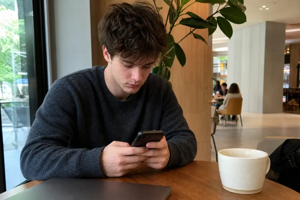 Ung person sitter på café och scrollar på sin telefon, lag och ordning viktigaste frågan för väljarna.