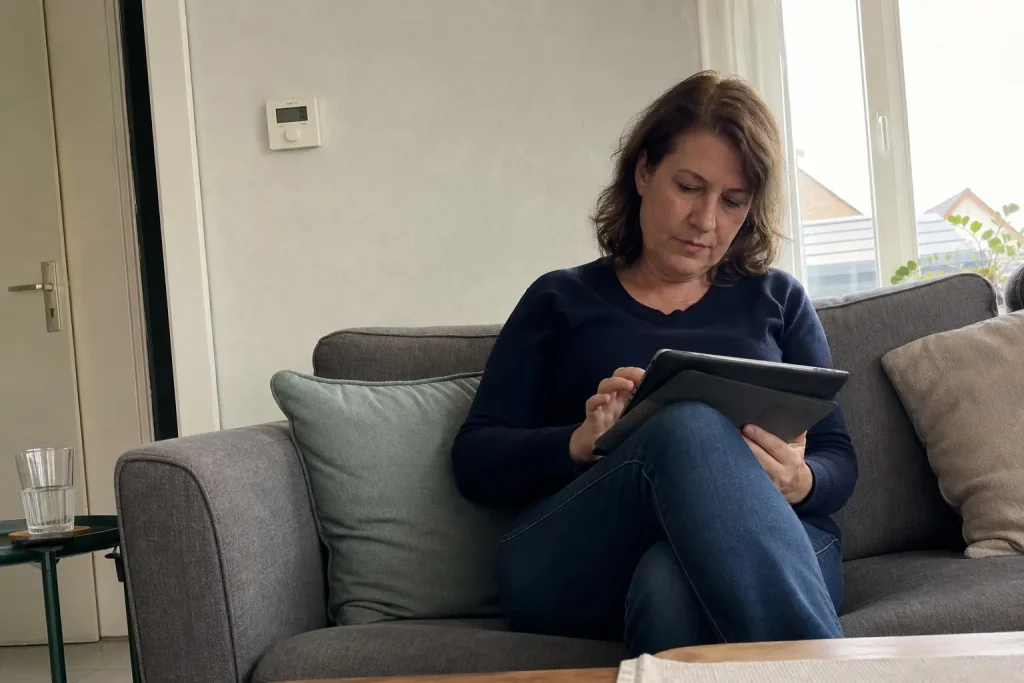 En person sitter i soffan hemma och läser om Europas framtid börjar och slutar med Ukraina på en surfplatta.