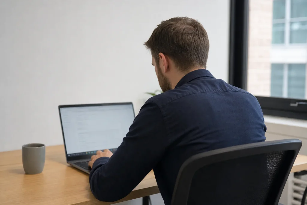 Person sitter vid skrivbord och arbetar koncentrerat vid en laptop i ett kontorsmiljö.