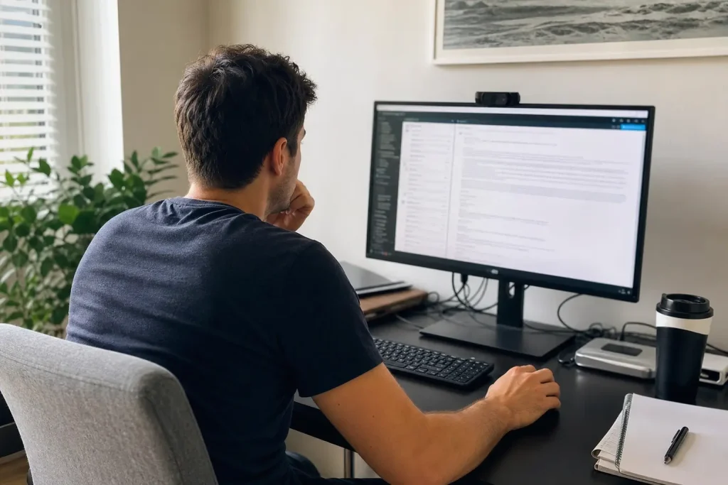 En person sitter vid ett skrivbord och läser artikeln Techjättarna har inga planer på att låta oss filtrera bort AI-skräp.