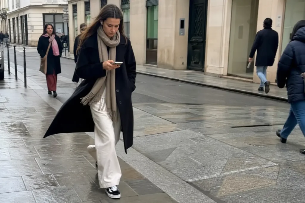 Person går snabbt längs en europeisk stadsgata och tittar ner i telefonen, illustrerar Sandra Stiskalo: Så blev kaos det n...