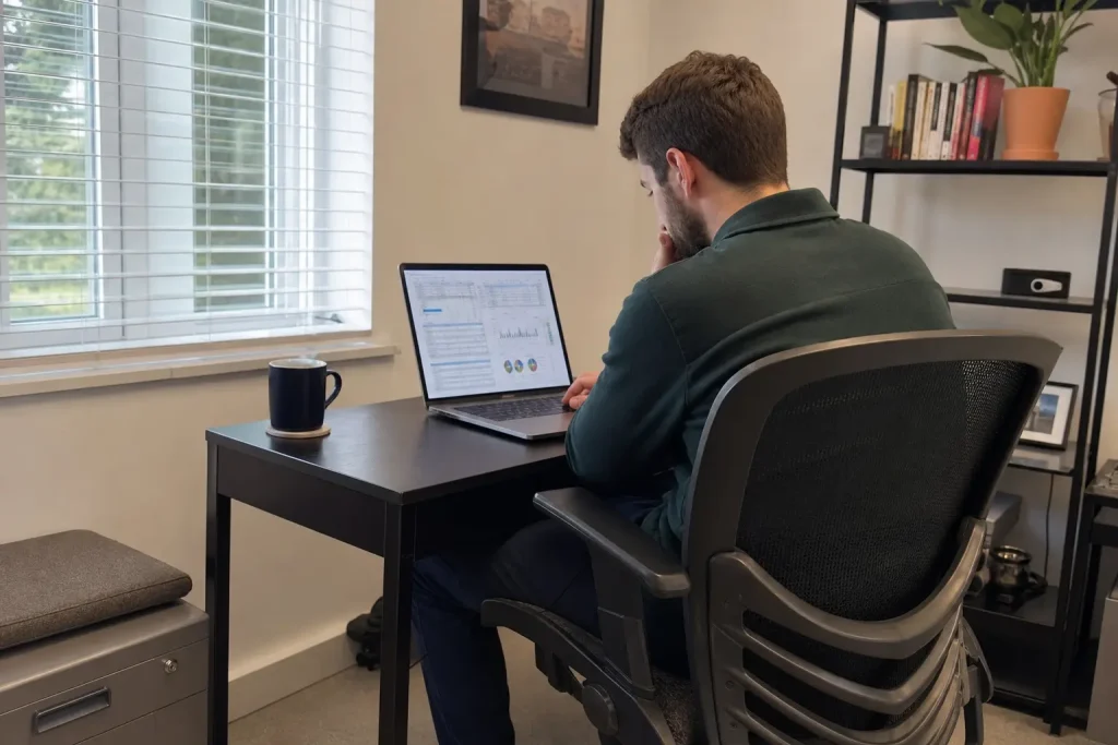 Person som sitter vid skrivbord och läser om Open AI ansöker om börsnotering på sin laptop.