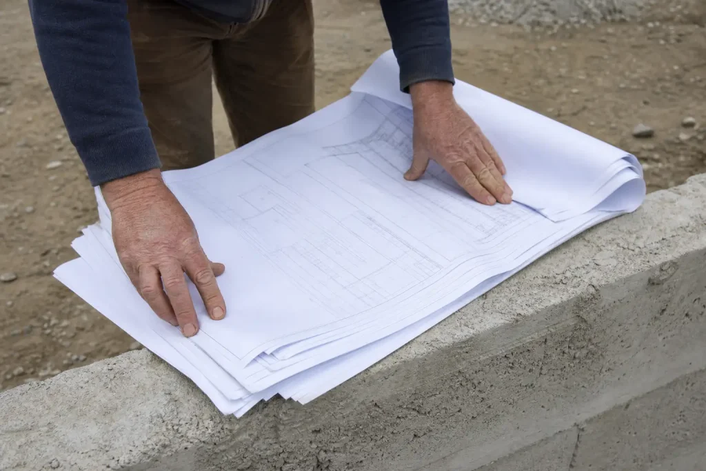 Slitna händer håller ned en rulle byggritningar mot en betongyta på en byggarbetsplats.