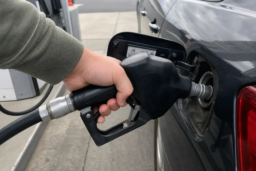 En hand fyller tanken på en bil vid en bensinstation när oljan kostar över 100 dollar fatet.
