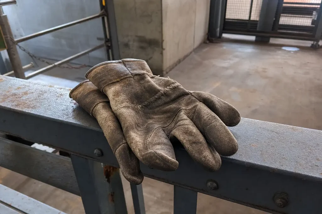 Slitna arbetshandskar vilade på ett industriräcke i en fabrik, tagna mitt i ett arbetsskift.