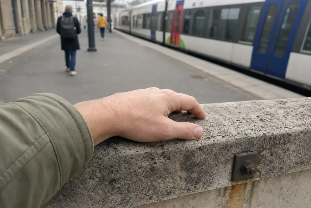 En hand vilar på ett slitet stensräcke vid en tågperrong, något bättre än väntat för Pandox aktieägare som reser vidare.