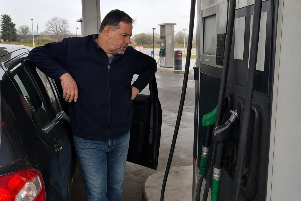 Man vid bensinpump på en macstation som tittar på priset på displayen medan nya jättar skakar tyska biljättar och paniken ...