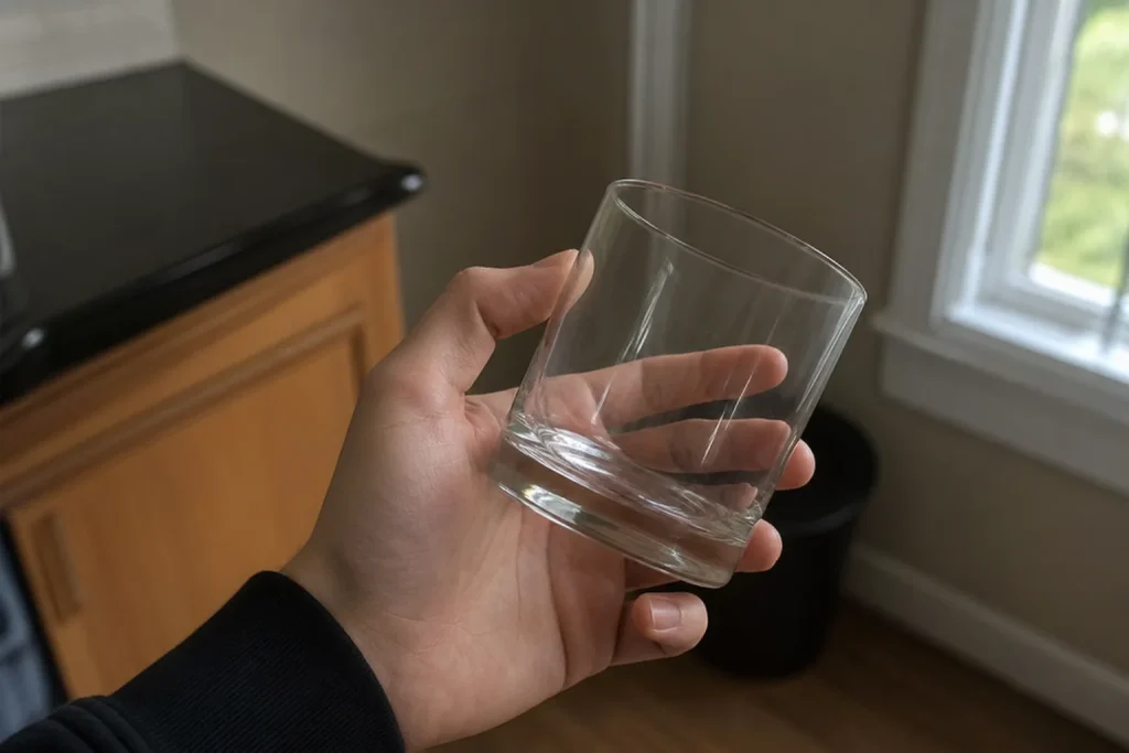 En hand håller löst i ett tomt whiskyglas i ett naturligt upplyst rum, en bild som speglar att whiskyboomen är över.