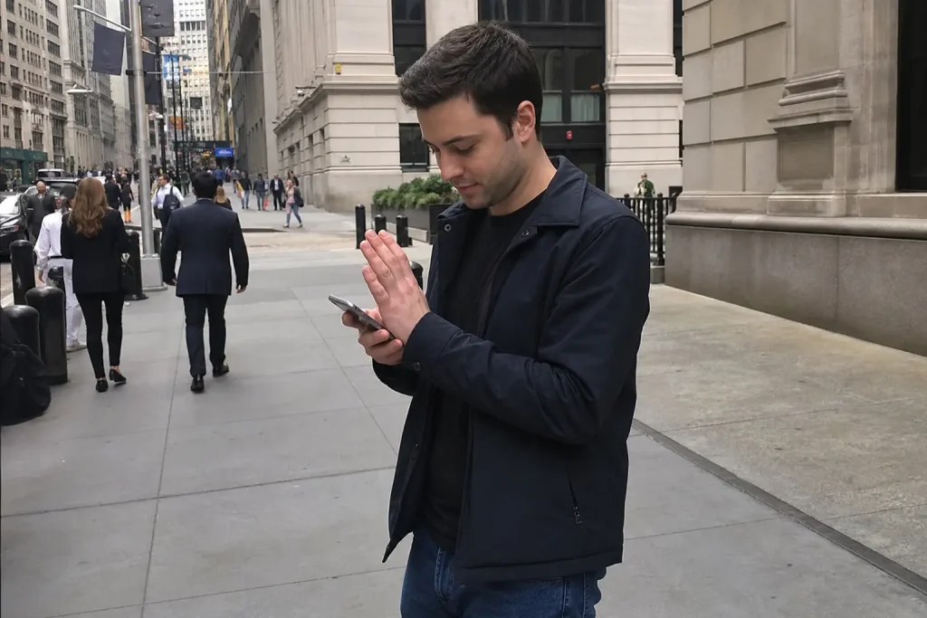 En person står på en stadsgata och scrollar på sin telefon mitt i vardagsflödet nära SK Hynix Seeks Access to AI Investors...