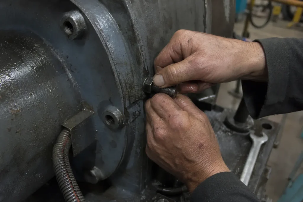 Mekaniker drar åt en bult på industrimaskin, en del av ABB:s orderkross inom tillverkning.