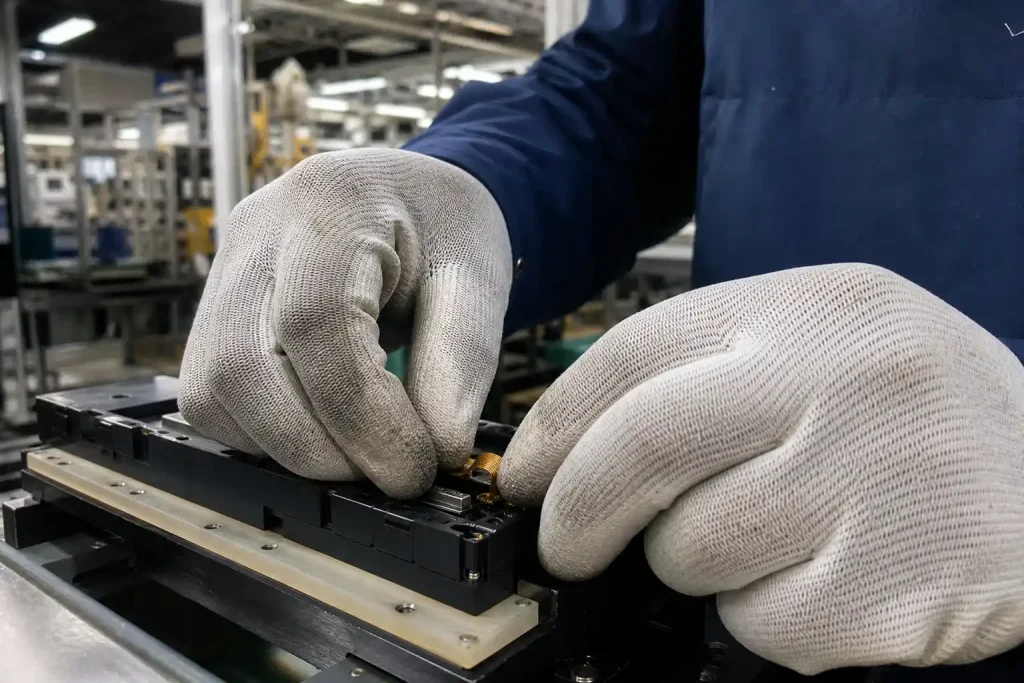 Fabriksarbetares handskbeklädda händer justerar en liten elektronisk komponent på ett löpande band.