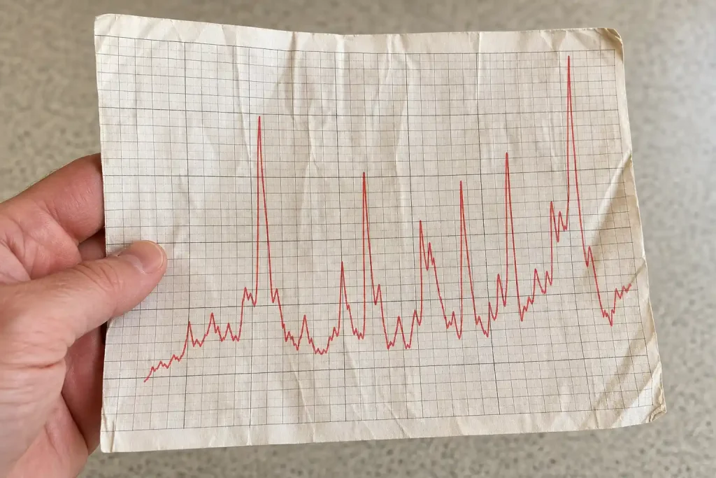 En hand håller ett skrynkligt temperaturdiagram med röda kurvor som speglar Samsungs rekordvinst trots svalt mottagande.