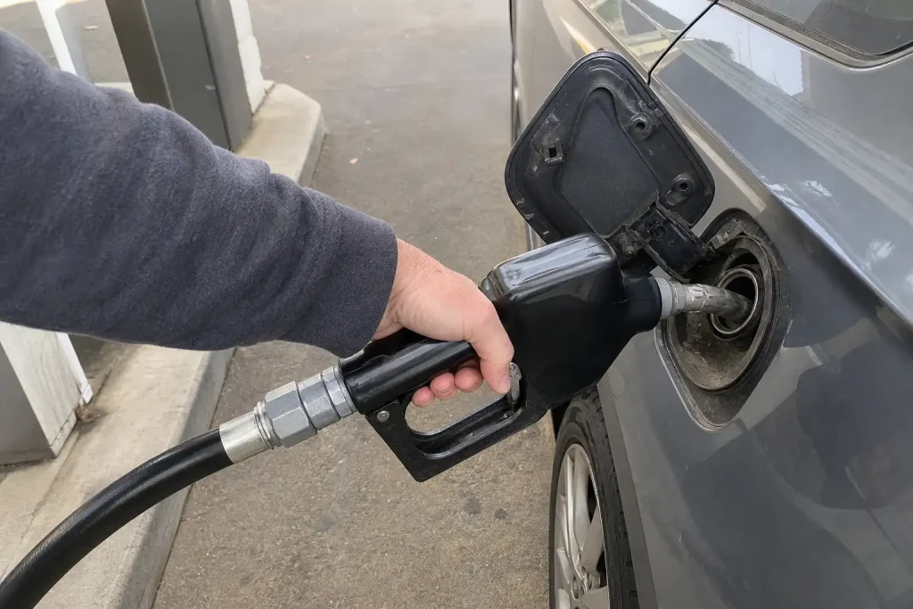 En hand håller i ett bränslemunstycke vid en bensinpump när oljepriset rusar.