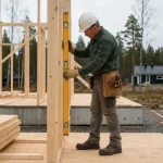 Byggarbetare reser träregelstomme till nytt hus