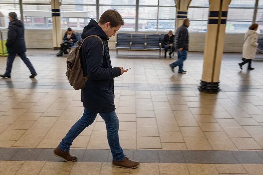 En pendlare går genom en tågstationskorridor och tittar på mobilen. Detta händer torsdag 6 augusti.