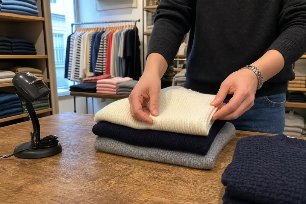 Ett par händer viker tröjor i en klädbutik. Detta händer torsdag 6 augusti.