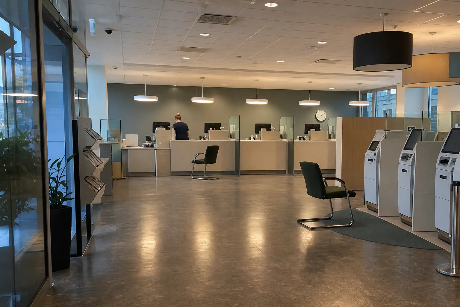 En tom bankfilial sent på eftermiddagen, kopplad till artikeln Bankerna varnar: Nedskärningar på gång när AI tar över.