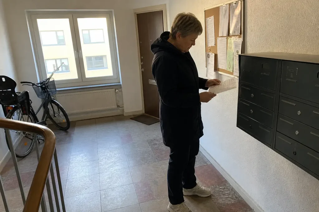 En person i en trappuppgång läser en pappersavi vid brevlådorna, kopplat till boendekostnader 2027