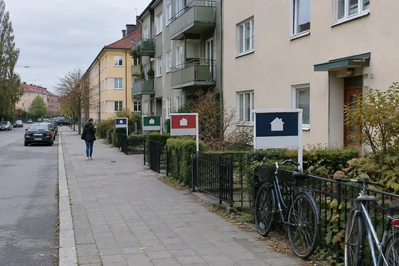 Lugn bostadsgata med till salu-skyltar på framsidan, en person går förbi, speglar bostadsmarknadens läge.