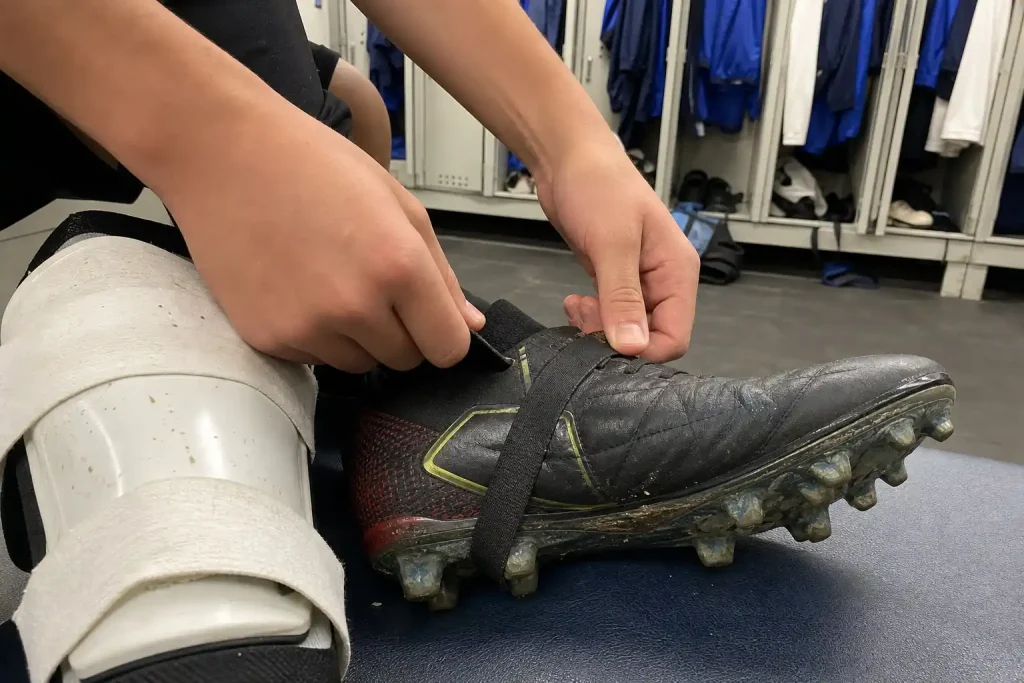 Närbild på händer som tejpar benskydd och justerar kardborreband på en fotbollssko i ett omklädningsrum, med koppling till...