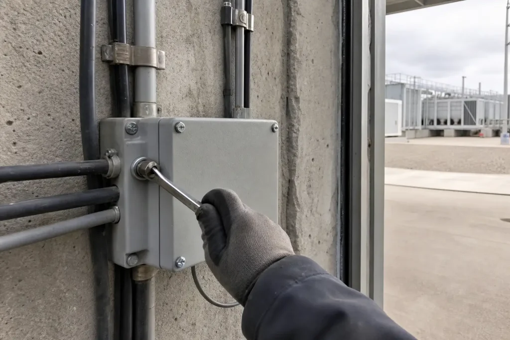 Handske drar åt bult vid elskåp på betongvägg, relaterat till Softbank miljardinvesterar i fransk AI