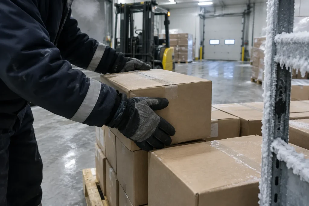 Handskbeklädda händer staplar kartonger på pall i kylterminal, del av Lidl butiksexpansion i norra Sverige.