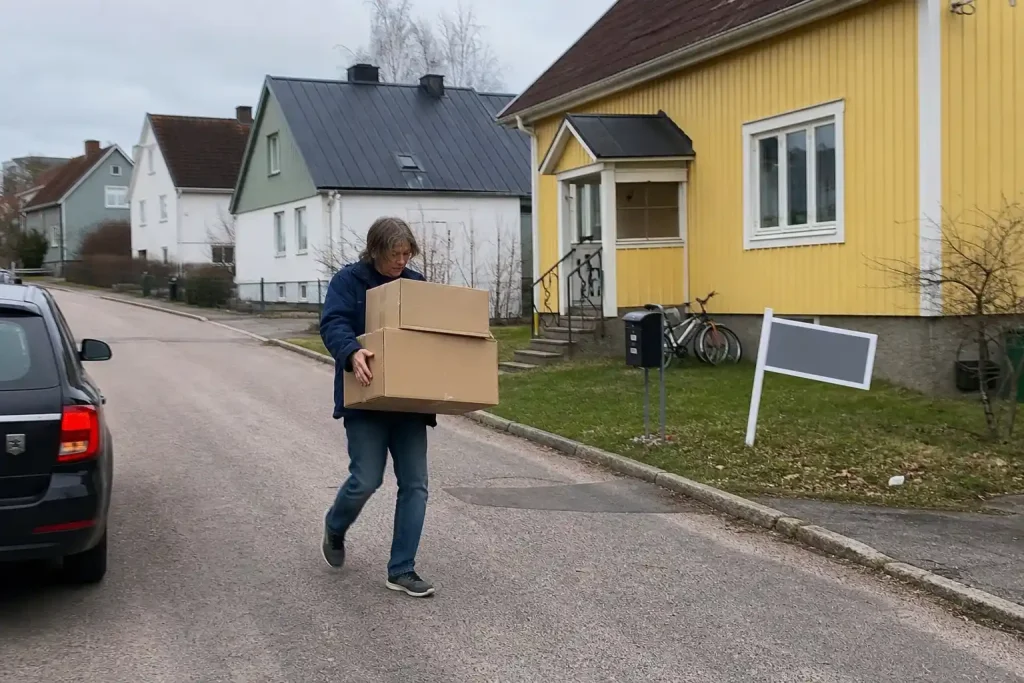 Person bär flyttkartonger mot en bil på lugn villagata, kopplat till hur barnakrisen kan slå hårt mot både dig och Sverige.