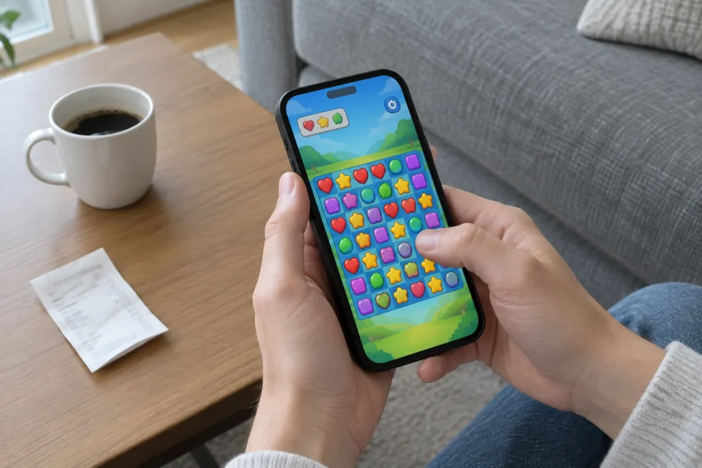 Händer håller en smartphone med ett spel, exempel på hushållens utgifter för fritid