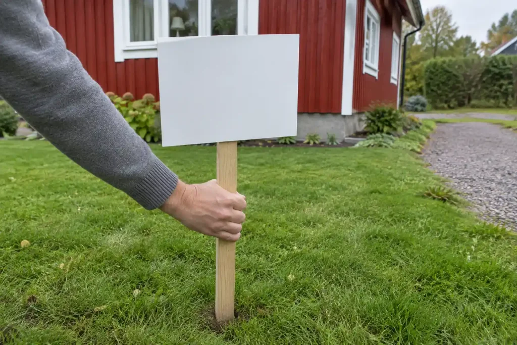 En hand trycker ned en tom skylt i gräsmattan framför en röd villa, inför villapriser augusti