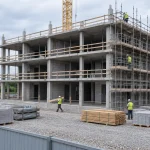 Byggarbetsplats med betongstomme och arbetare, ett ämne vid illegal arbetskraft byggbranschen