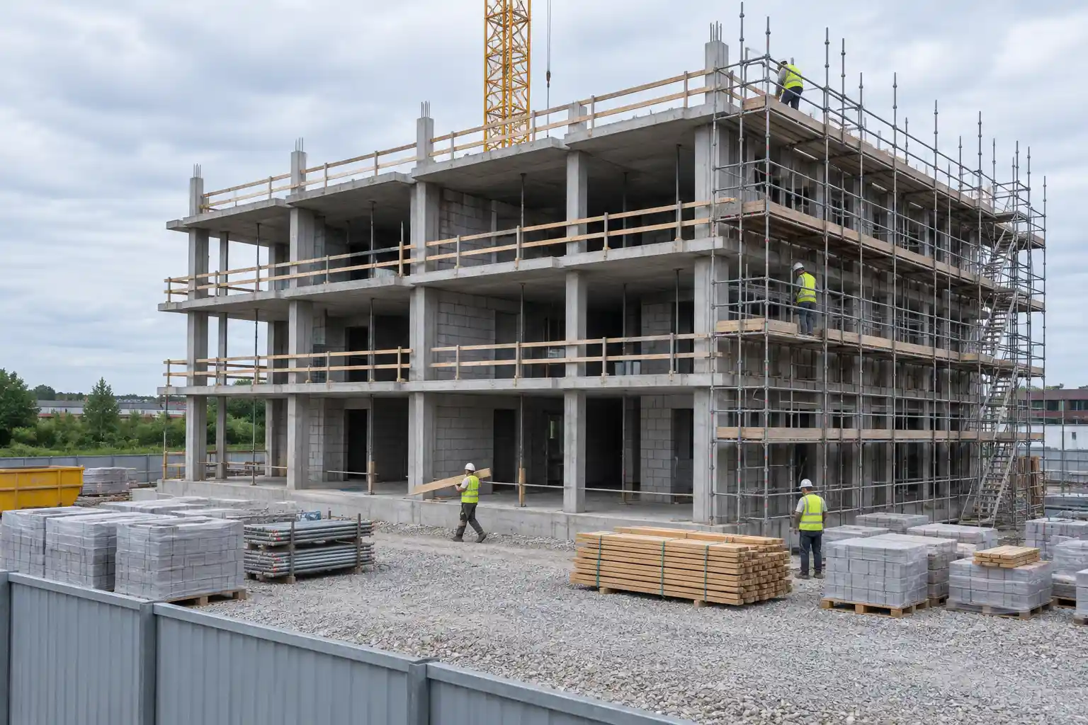 Byggarbetsplats med betongstomme och arbetare, ett ämne vid illegal arbetskraft byggbranschen
