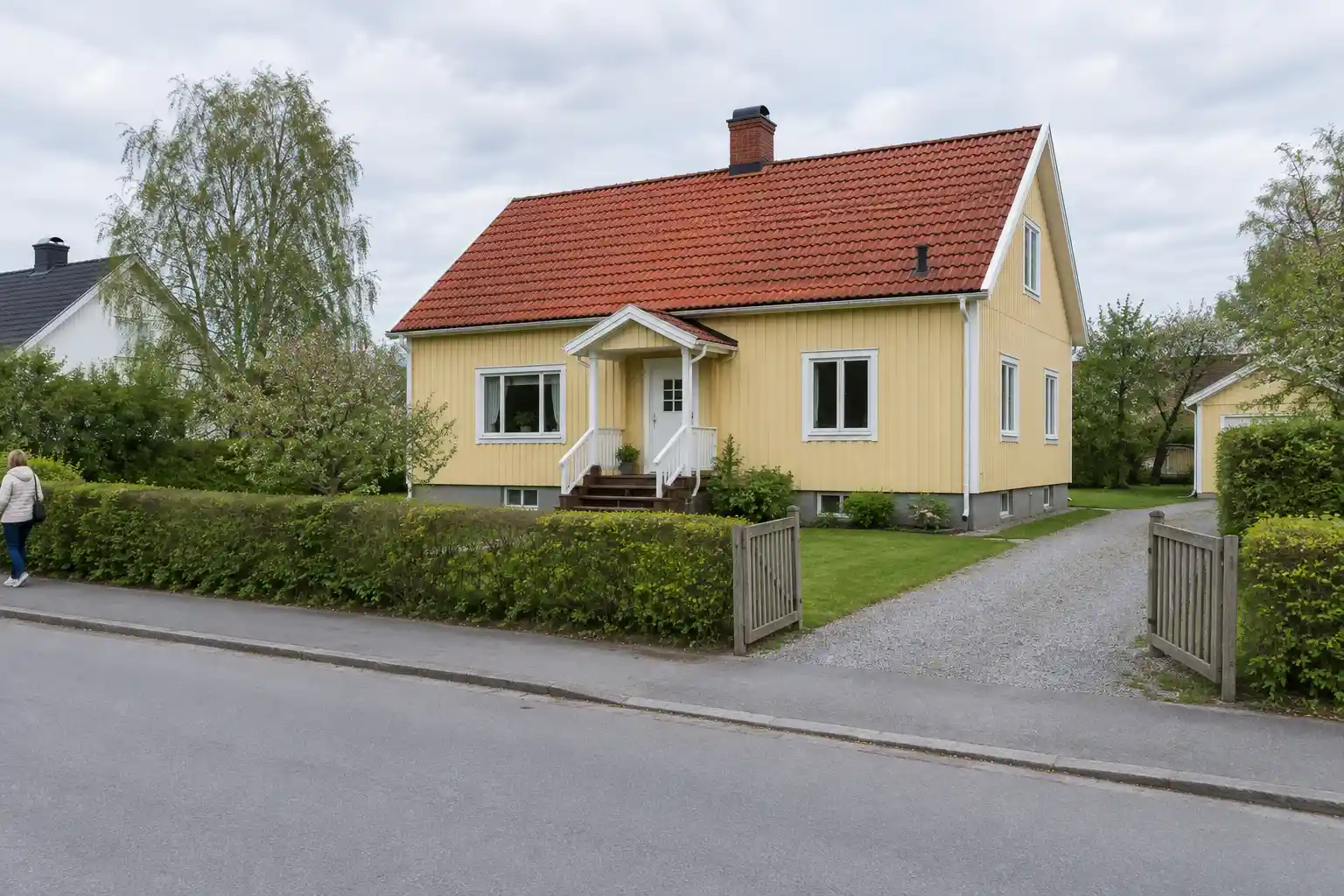 Gul villa med rött tegeltak, ett hus där lagfart kostnad blir aktuell vid köp
