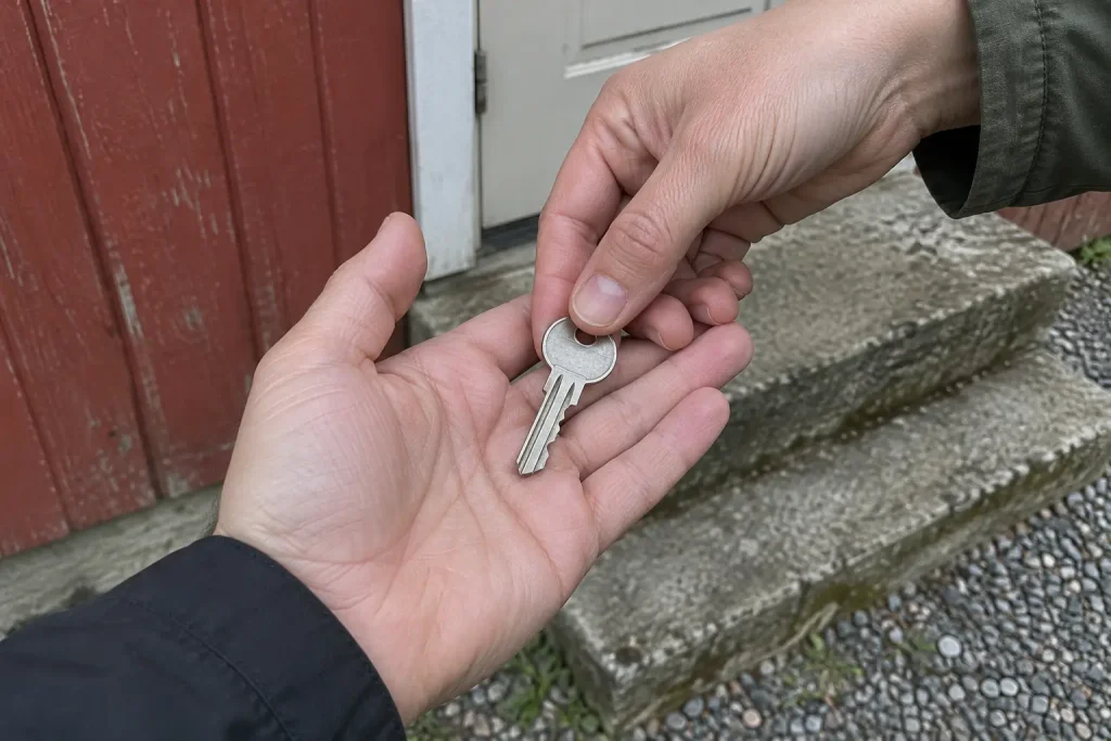 Nycklar överlämnas utanför ett trähus efter köpet, där lagfart kostnad är en del av slutnotan