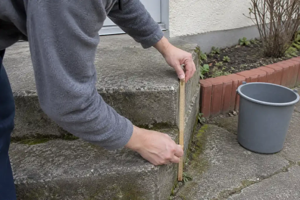 Kvinna mäter en betongtrappa vid radhus, ett steg i debatten om bostadspriser prisutveckling