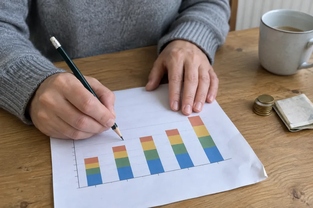 Händer med penna kryssar av ett stapeldiagram, aktuellt för Hemnet återköpsprogram